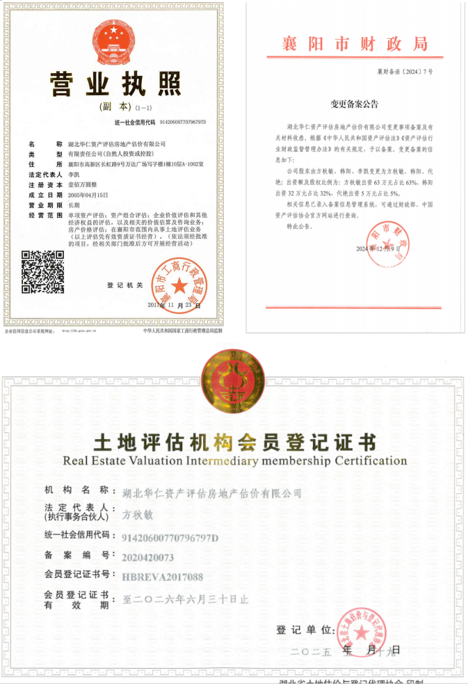 華仁資產評估房地產估價有限公司營業(yè)執(zhí)照、資產評估備案公告、土地評估機構登記證書